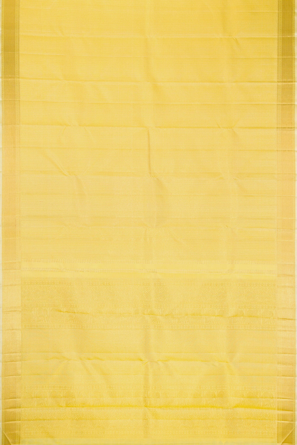 Flat view of Lemon Yellow Dual Tone Kanjivaram Silk Saree with Zari Brocade on the body and Zari Border. 