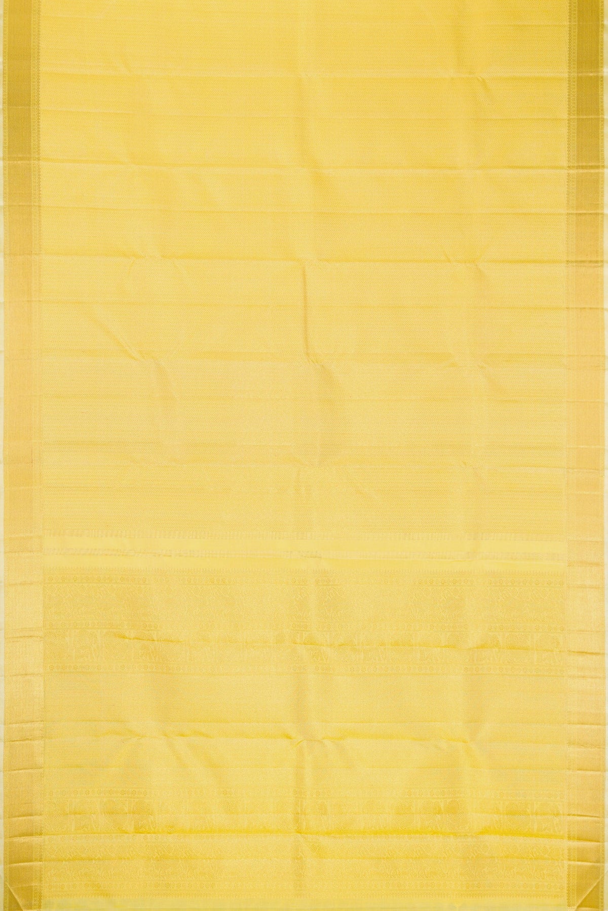 Flat view of Lemon Yellow Dual Tone Kanjivaram Silk Saree with Zari Brocade on the body and Zari Border. 