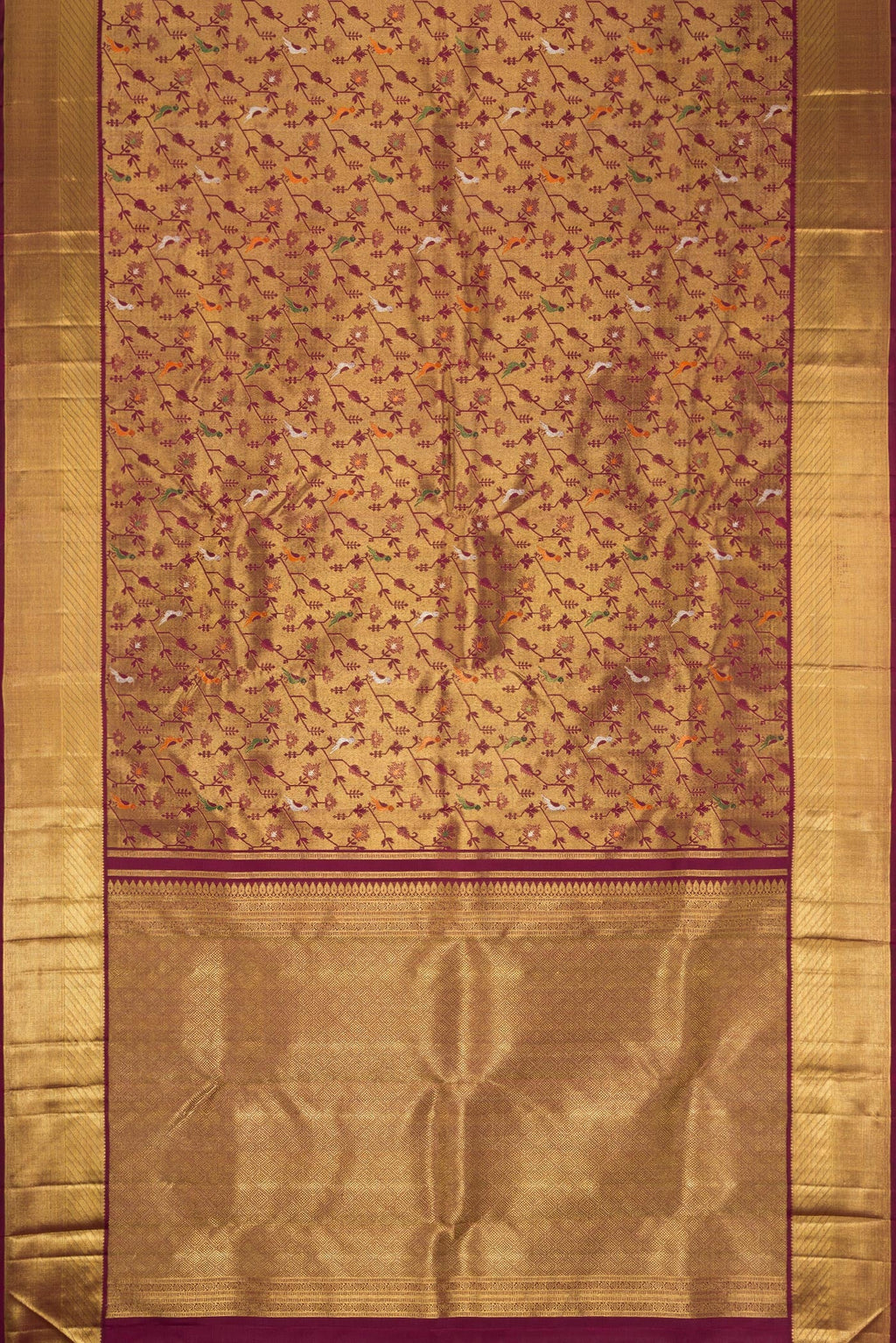 Flat view of Pure Silk Pure Zari Burgundy Dual Tone Kanjivaram Saree with Zari Brocade on the body and Zari Border. 