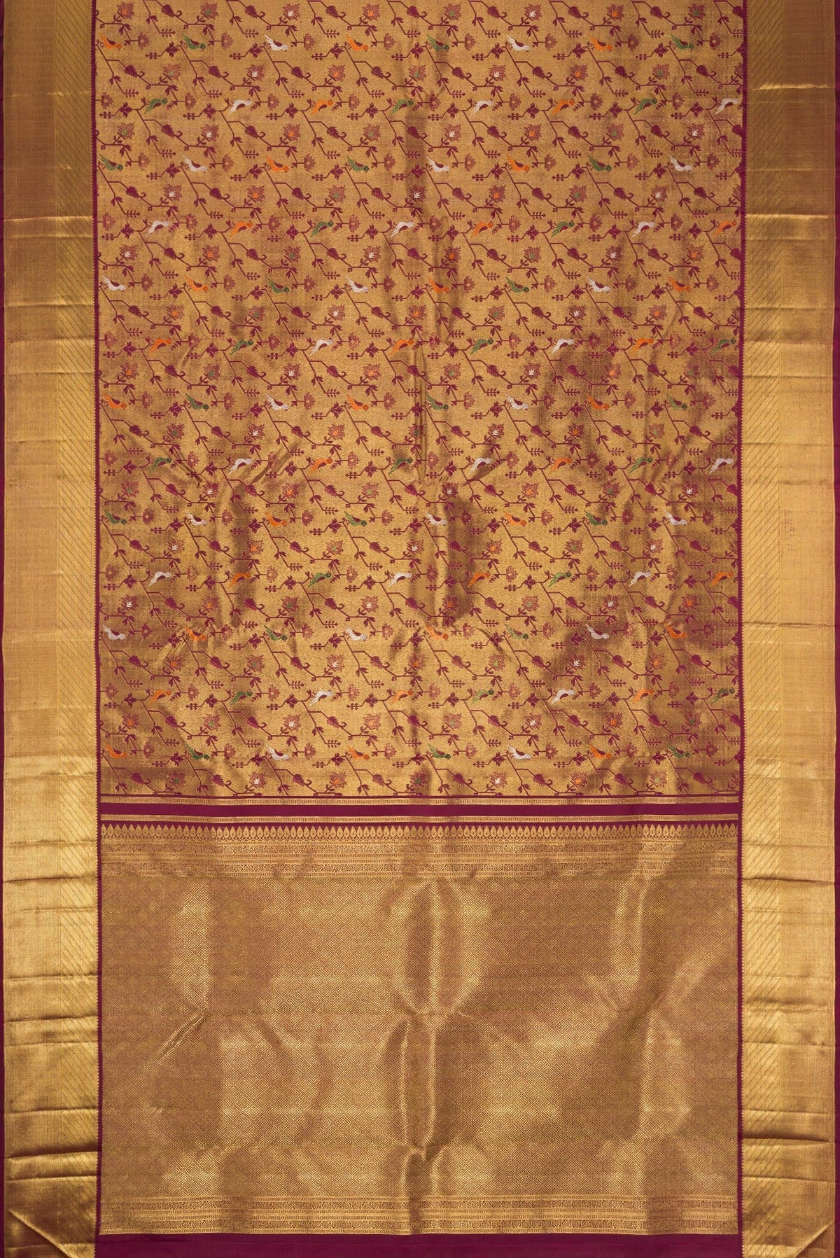 Flat view of Pure Silk Pure Zari Burgundy Dual Tone Kanjivaram Saree with Zari Brocade on the body and Zari Border. 