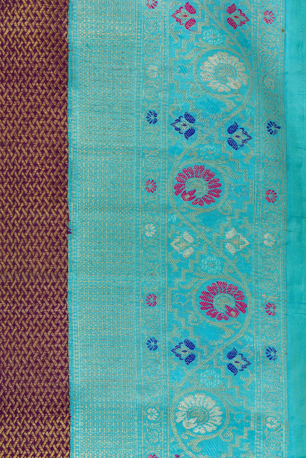 Border image of Burgundy Dual Tone Kanjivaram Silk Saree with Zari Brocade on the body and Fancy Border. 