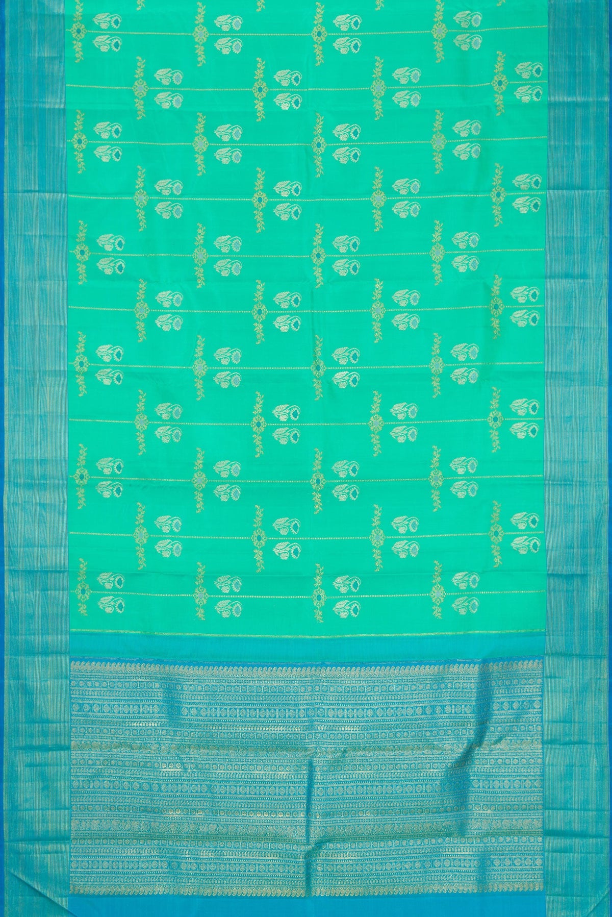 Flat view of Pure Silk Pure Zari Sea Green Dual Tone Kanjivaram Saree with Zari Butta on the body and Zari Border. 
