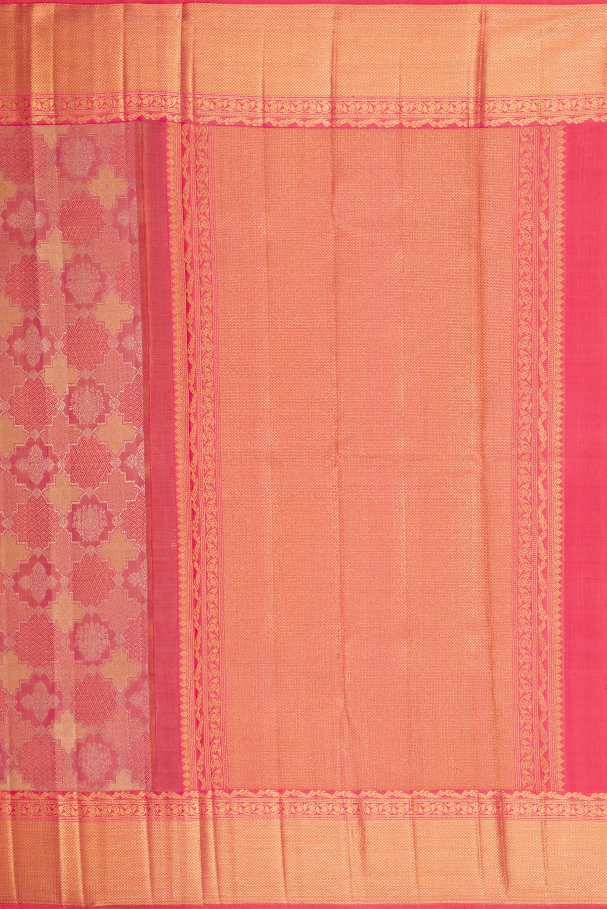 Close up image of the pallu of Dark Pink Dual Tone Kanjivaram Silk Saree with Jacquard With Zari Butta on the body and Zari Border. 