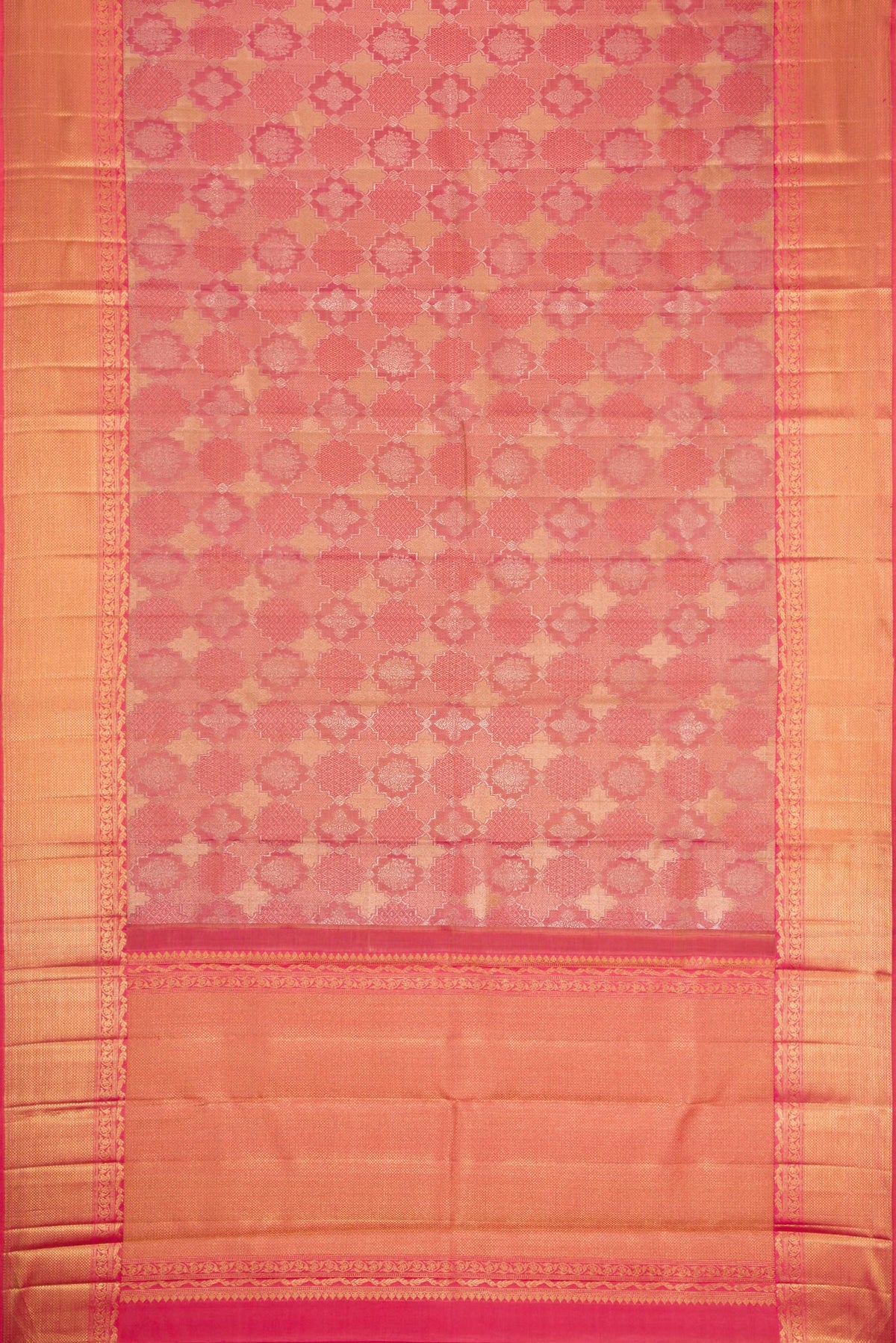 Flat view of Dark Pink Dual Tone Kanjivaram Silk Saree with Jacquard With Zari Butta on the body and Zari Border. 