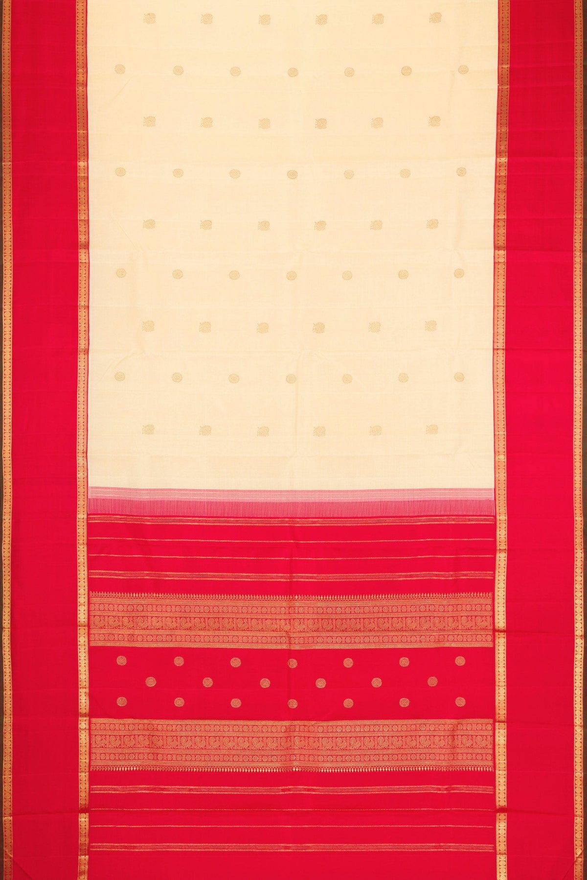 Flat view of Pure Silk Pure Zari Sandal Dual Tone Kanjivaram Saree with Zari Butta on the body and Fancy Border. 