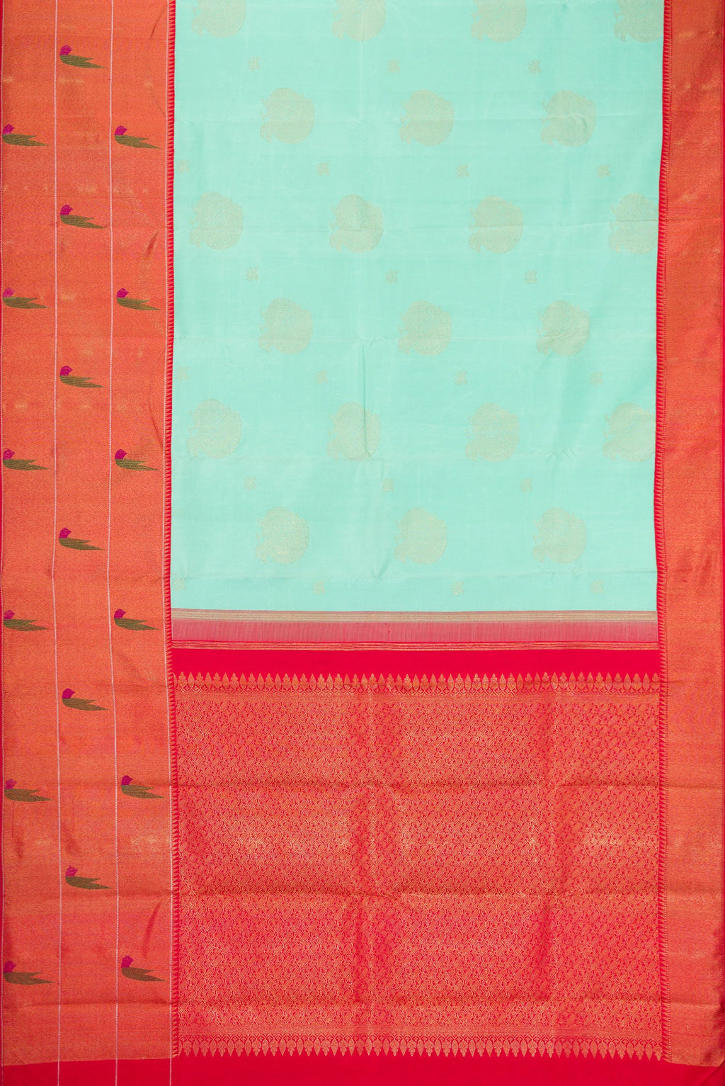 Flat view of Pure Silk Pure Zari Sea Green Dual Tone Kanjivaram Saree with Zari Butta on the body and Paithani Border. 