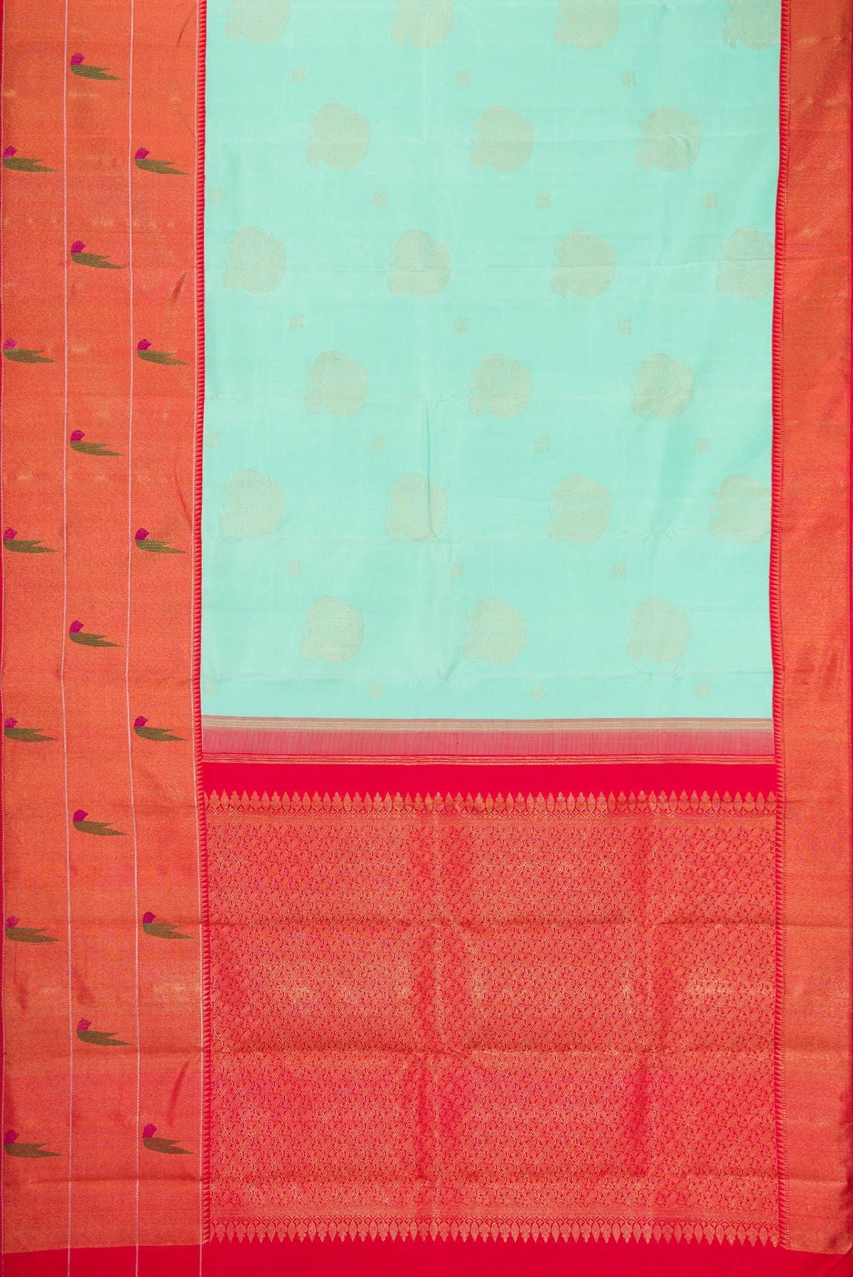 Flat view of Pure Silk Pure Zari Sea Green Dual Tone Kanjivaram Saree with Zari Butta on the body and Paithani Border. 