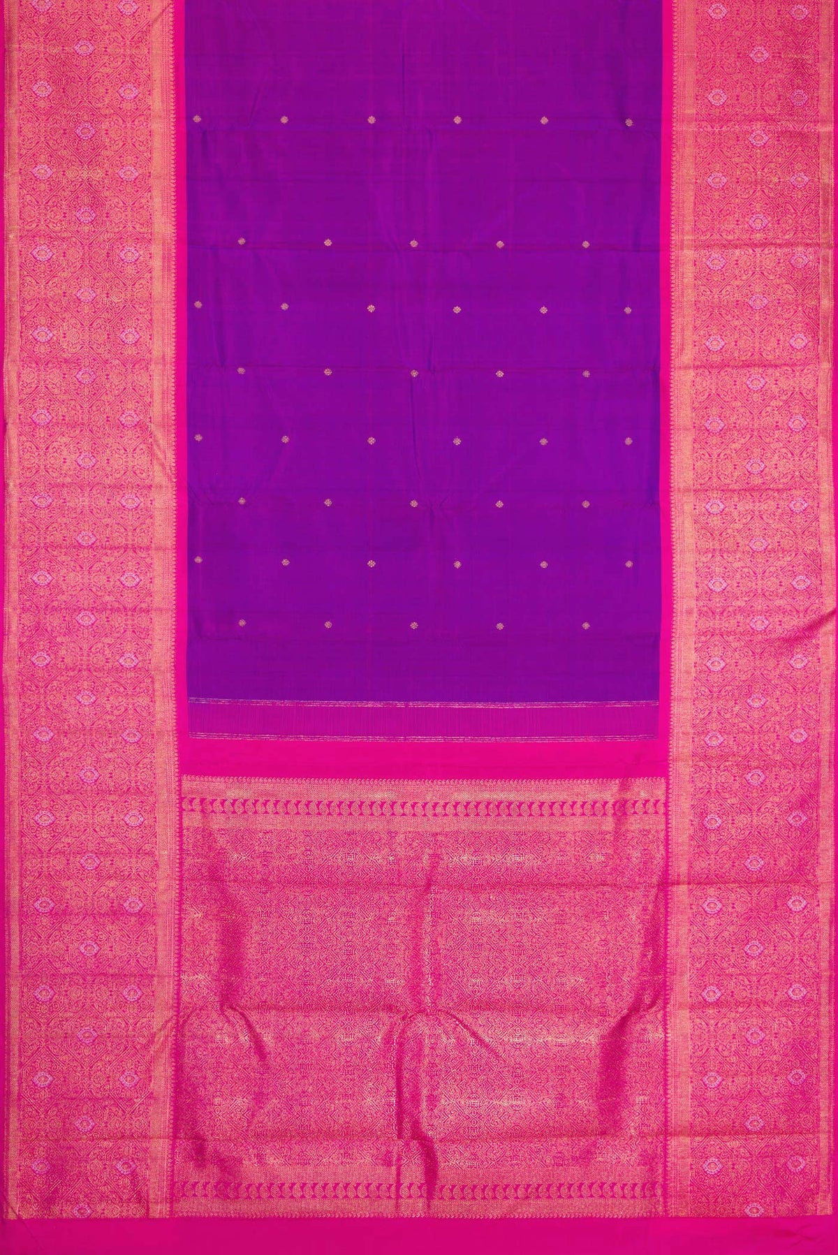 Flat view of Pure Silk Pure Zari Purple Dual Tone Kanjivaram Saree with Zari Butta on the body and Fancy Border. 