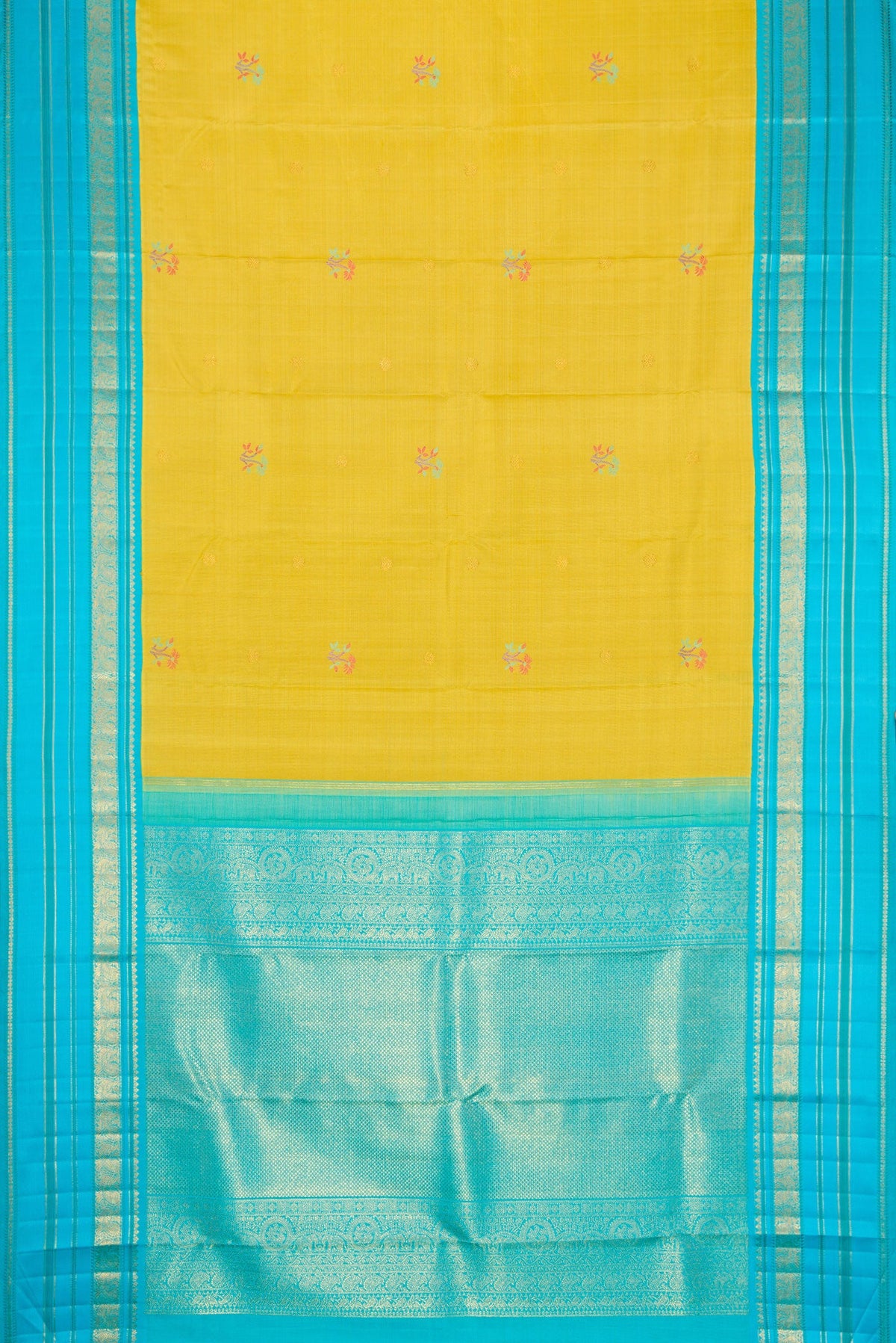 Flat view of Pure Silk Pure Zari Lemon Yellow Dual Tone Kanchipuram Saree with Zari And Thread Butta on the body and Zari And Thread Border. 
