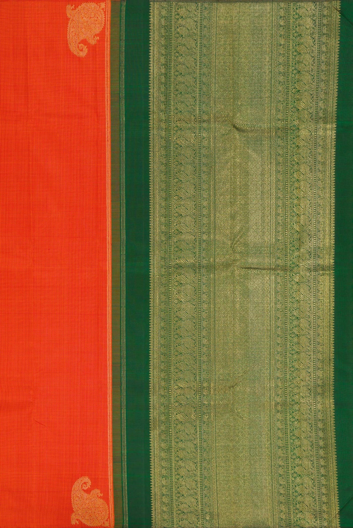 Close up image of the pallu of Pure Silk Pure Zari Orange Kanchipuram Saree with Checked design on the body and Without Border. 