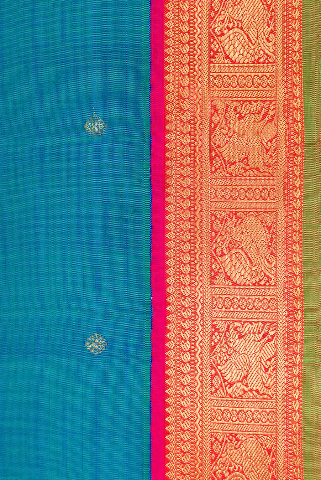 Border image of Pure Silk Pure Zari Peacock Blue Dual Tone Kanjivaram Saree with Zari Butta on the body and Zari Border. 