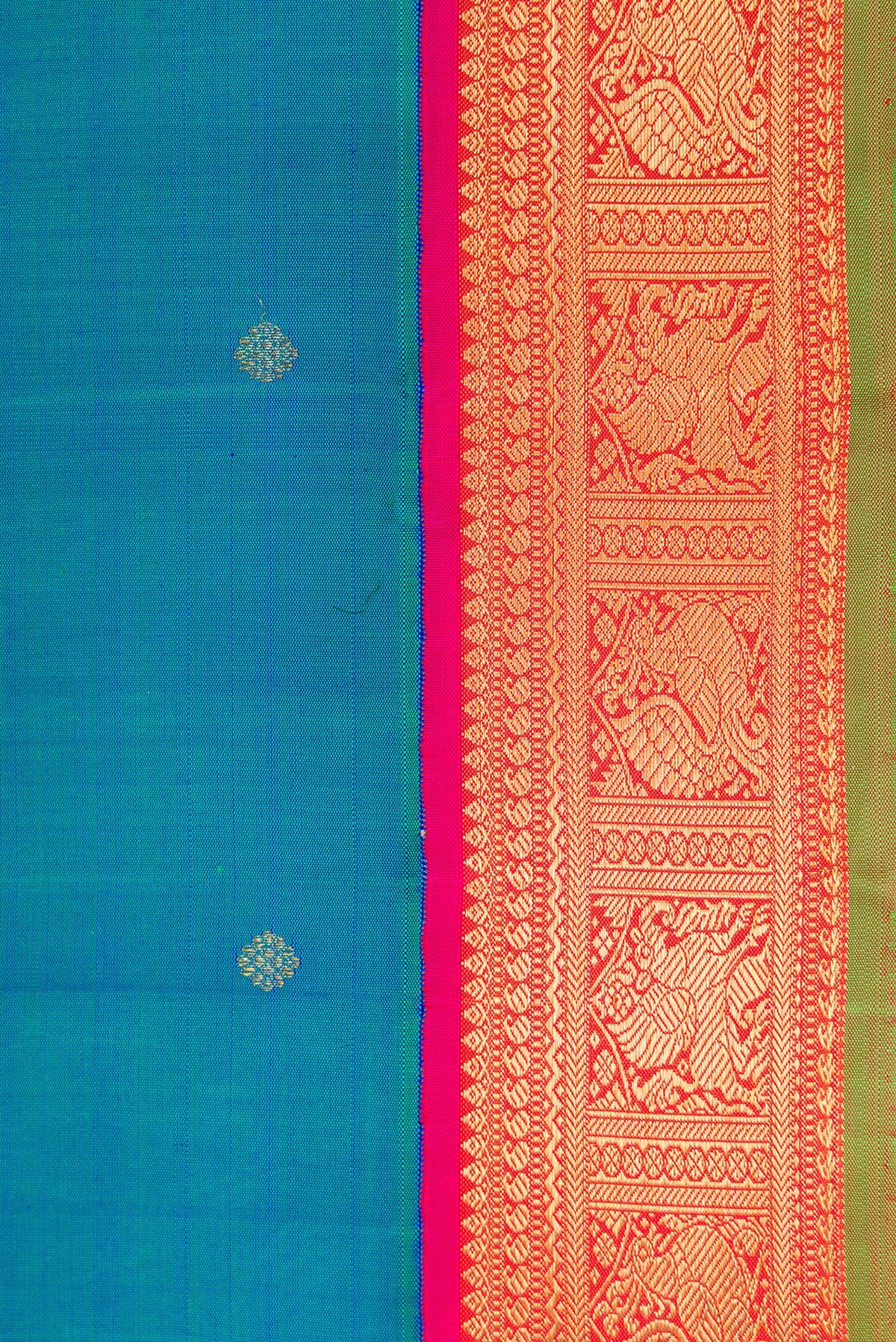 Border image of Pure Silk Pure Zari Peacock Blue Dual Tone Kanjivaram Saree with Zari Butta on the body and Zari Border. 