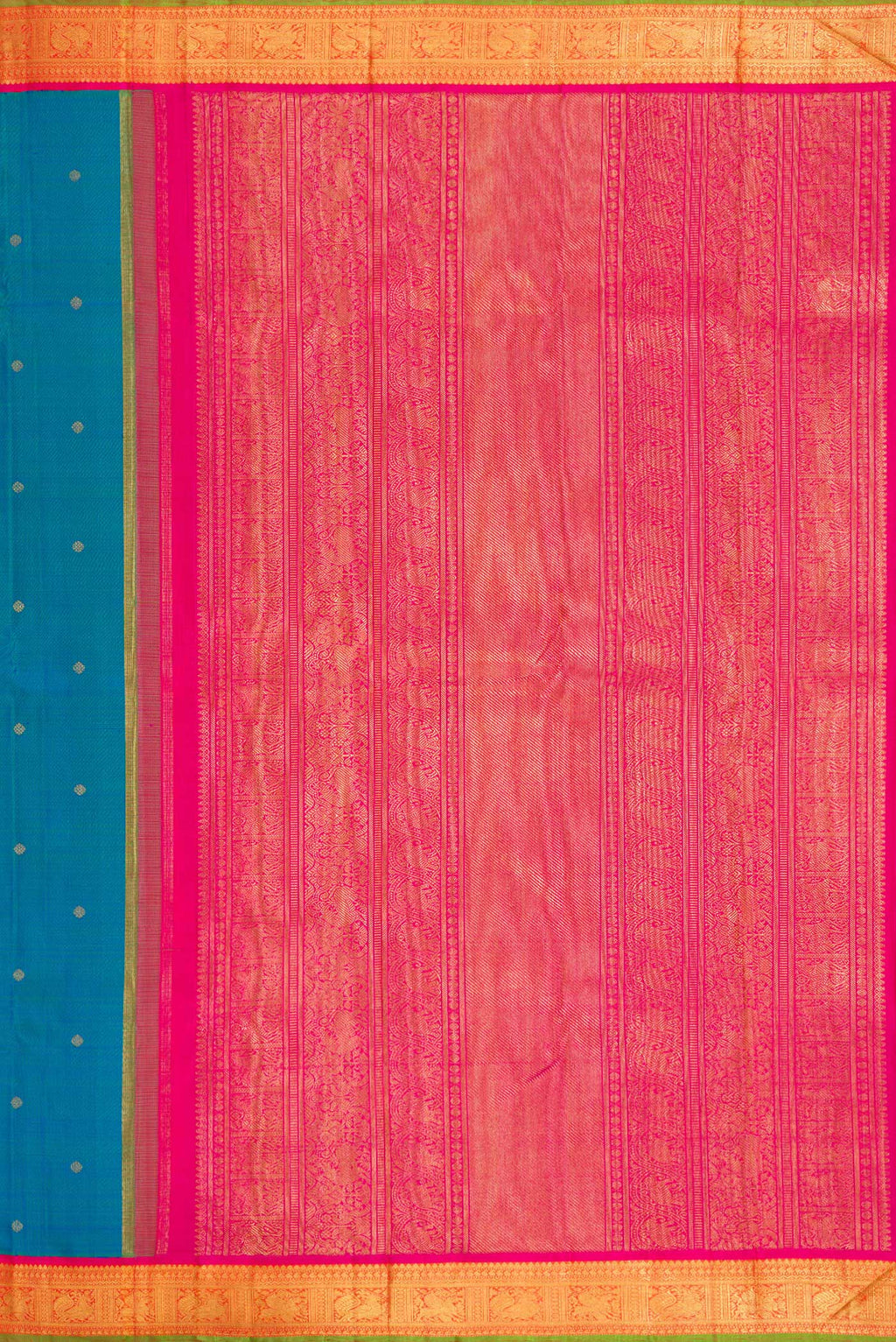 Close up image of the pallu of Pure Silk Pure Zari Peacock Blue Dual Tone Kanjivaram Saree with Zari Butta on the body and Zari Border. 