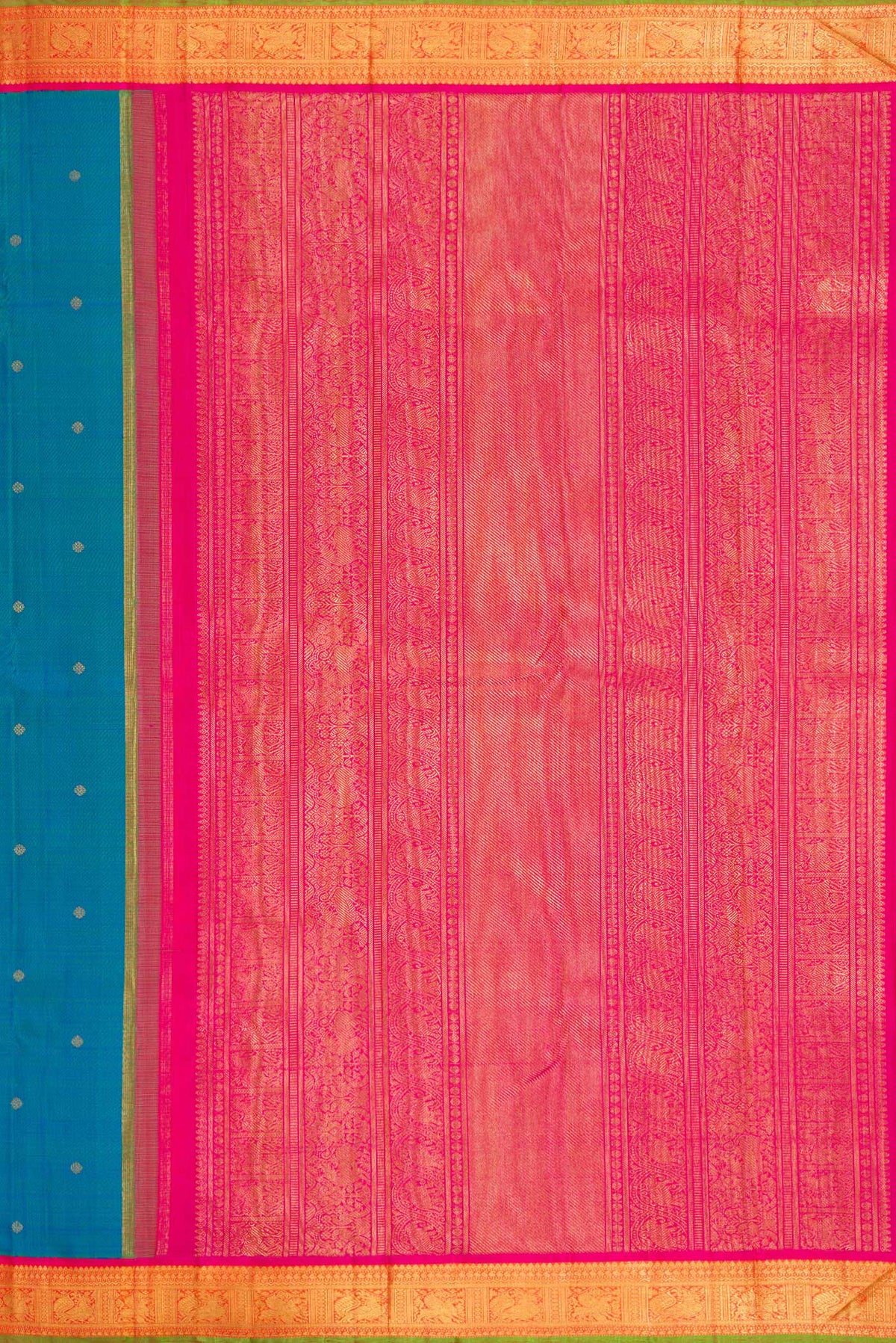 Close up image of the pallu of Pure Silk Pure Zari Peacock Blue Dual Tone Kanjivaram Saree with Zari Butta on the body and Zari Border. 