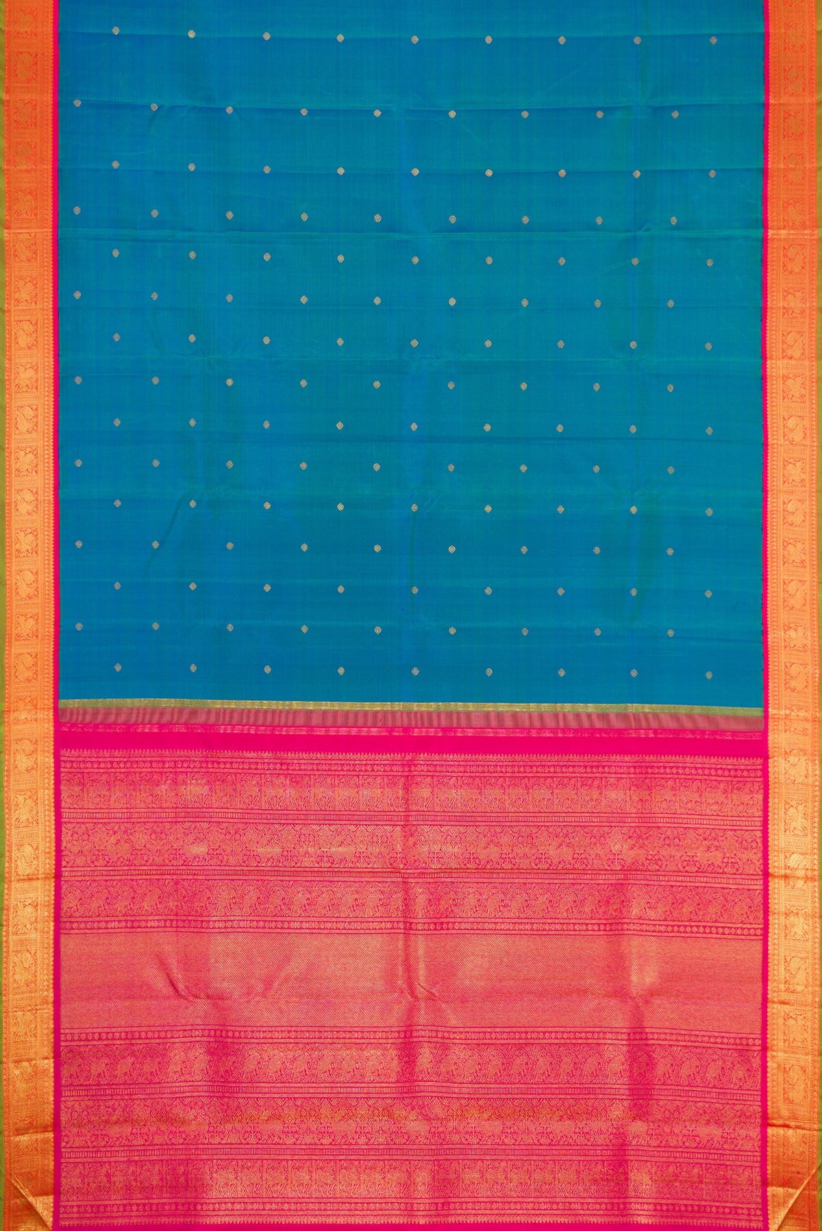 Flat view of Pure Silk Pure Zari Peacock Blue Dual Tone Kanjivaram Saree with Zari Butta on the body and Zari Border. 