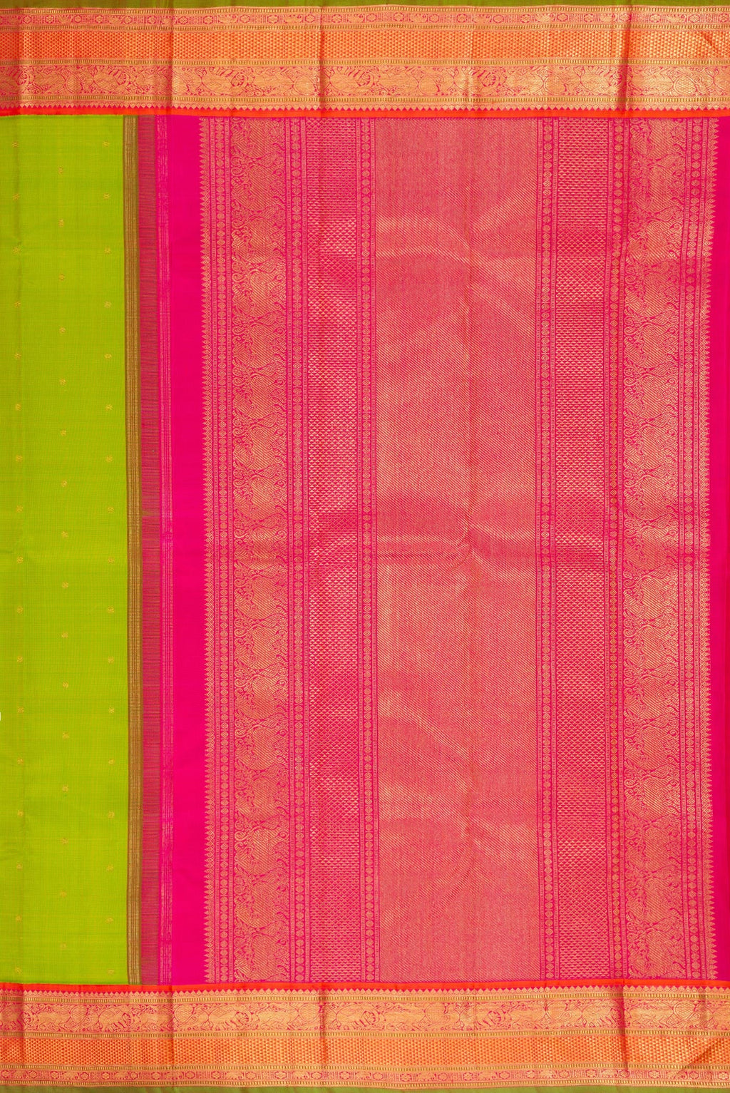 Close up image of the pallu of Pure Silk Pure Zari Parrot Green Dual Tone Kanjivaram Saree with Zari Butta on the body and Zari Border. 