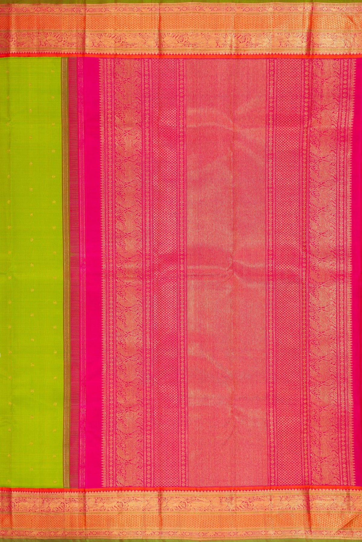 Close up image of the pallu of Pure Silk Pure Zari Parrot Green Dual Tone Kanjivaram Saree with Zari Butta on the body and Zari Border. 