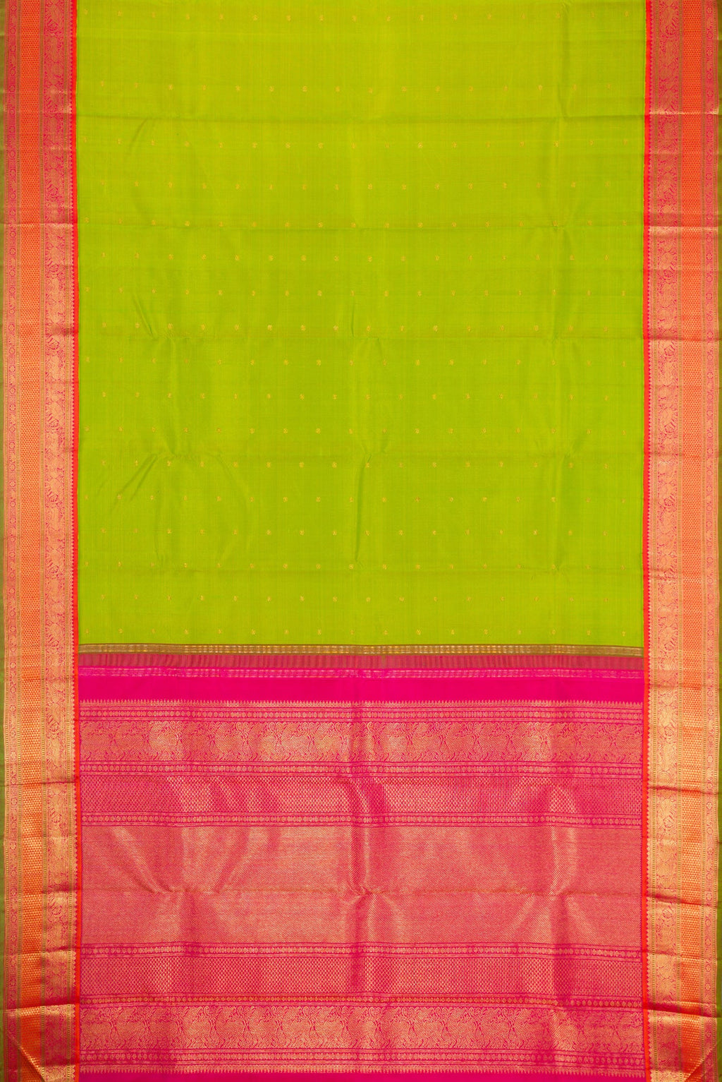 Flat view of Pure Silk Pure Zari Parrot Green Dual Tone Kanjivaram Saree with Zari Butta on the body and Zari Border. 