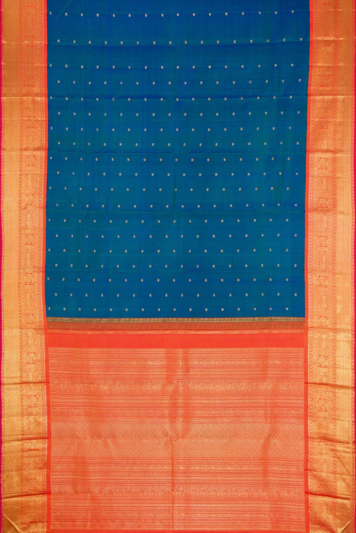 Flat view of Pure Silk Pure Zari Peacock Blue Dual Tone Kanjivaram Saree with Zari Butta on the body and Zari Border. 