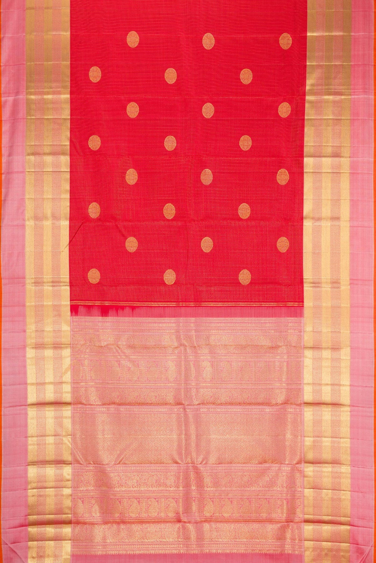 Flat view of Pure Silk Pure Zari Red Dual Tone Kanjivaram Saree with Checked design on the body and Zari Border. 
