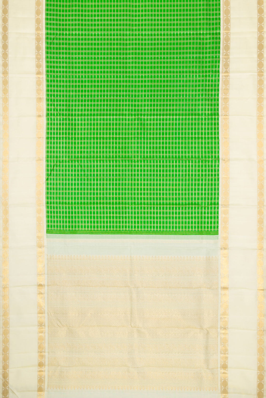 Flat view of Pure Silk Pure Zari Parrot Green Dual Tone Kanjivaram Saree with Checked design on the body and Zari Border. 
