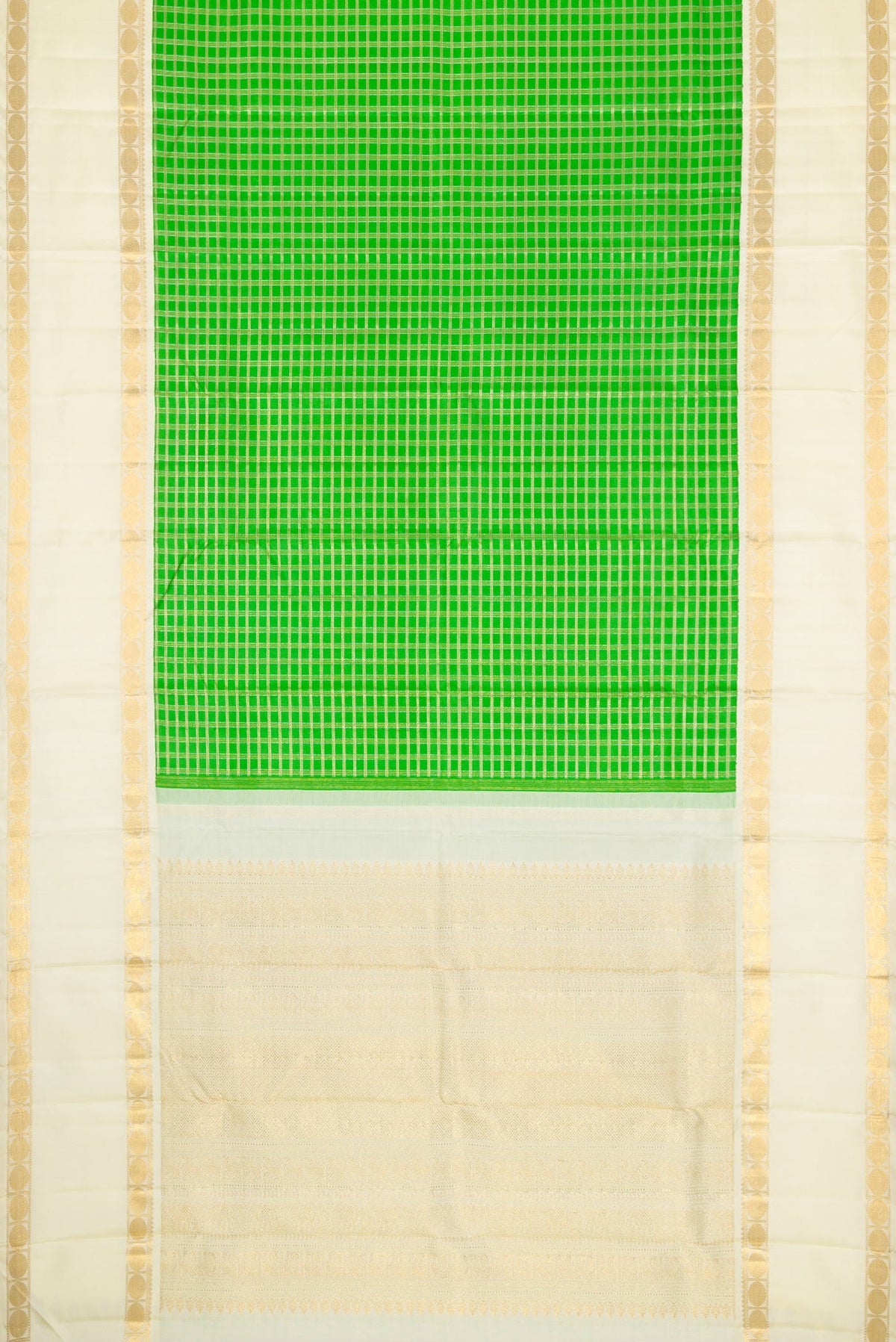 Flat view of Pure Silk Pure Zari Parrot Green Dual Tone Kanjivaram Saree with Checked design on the body and Zari Border. 
