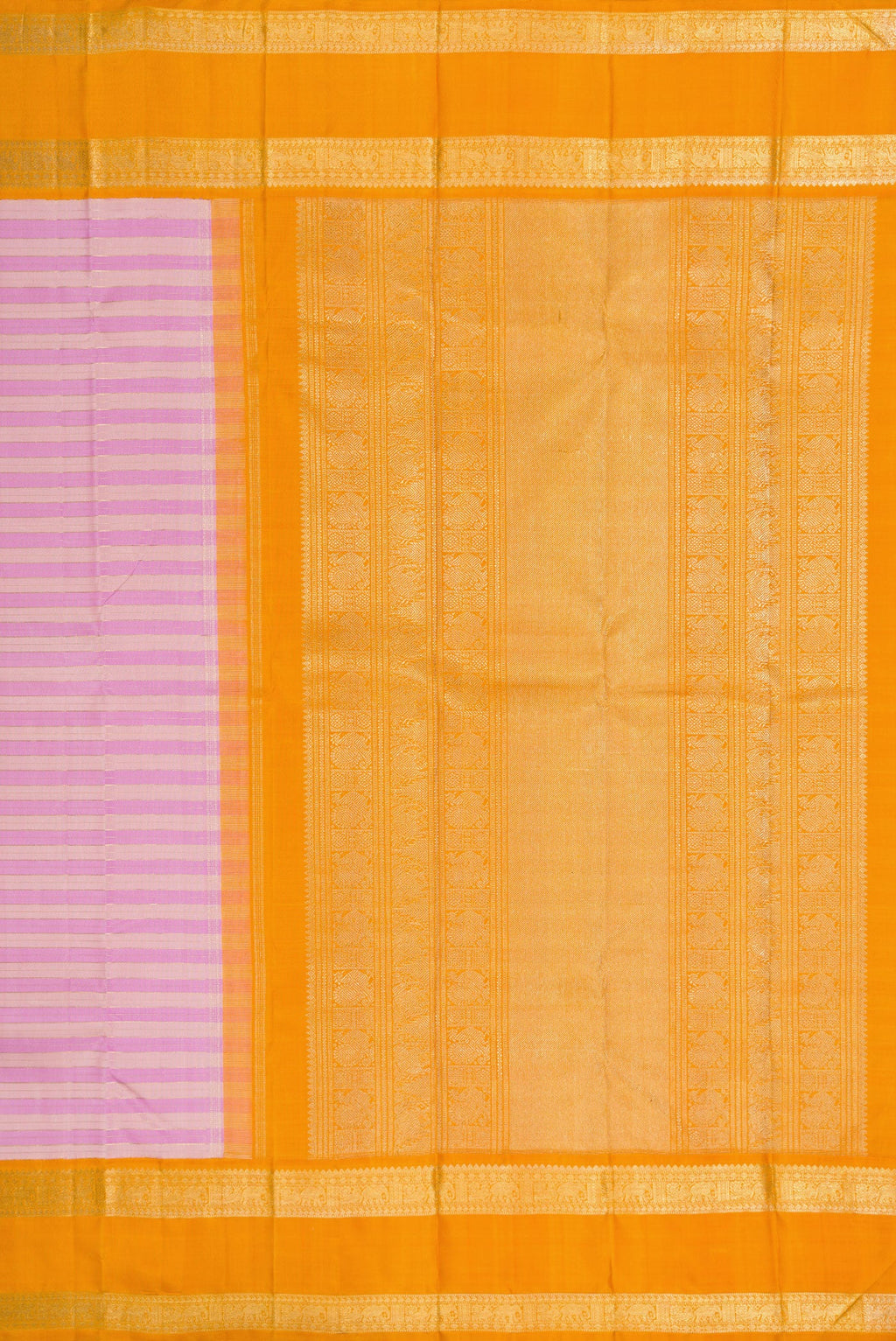 Close up image of the pallu of Pure Silk Pure Zari Lavender Kanjivaram Saree with Stripes on the body and Zari Border. 