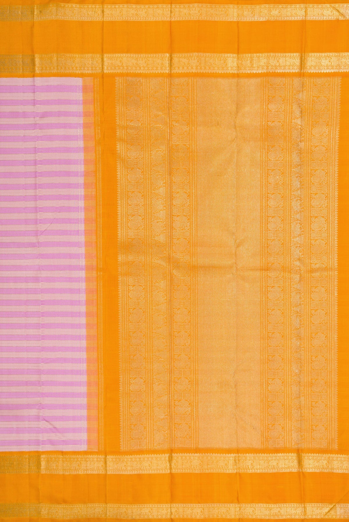 Close up image of the pallu of Pure Silk Pure Zari Lavender Kanjivaram Saree with Stripes on the body and Zari Border. 