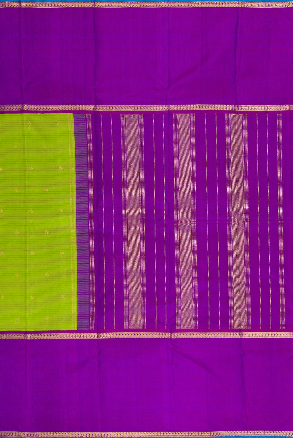 Close up image of the pallu of Pure Silk Pure Zari Parrot Green Dual Tone Kanchipuram Saree with Stripes on the body and Zari Border. 