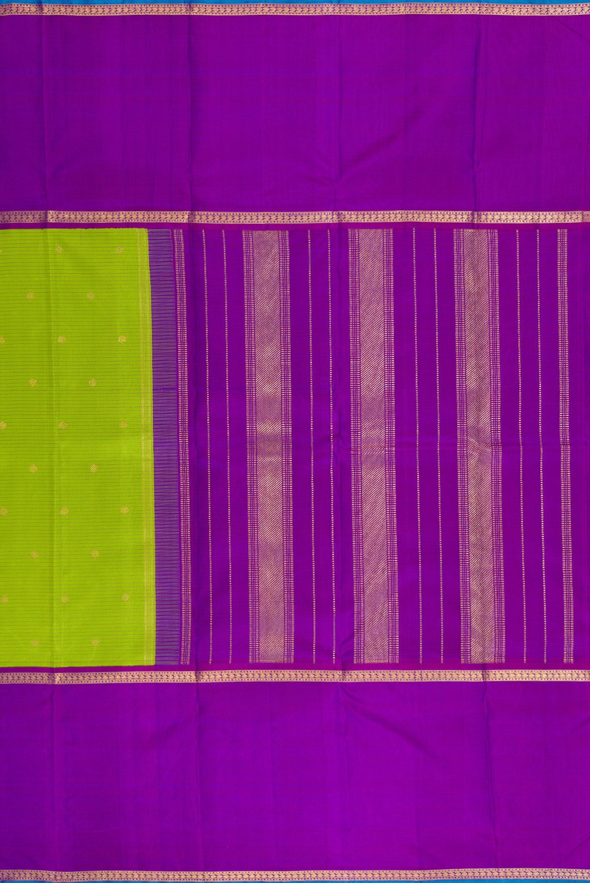 Close up image of the pallu of Pure Silk Pure Zari Parrot Green Dual Tone Kanchipuram Saree with Stripes on the body and Zari Border. 