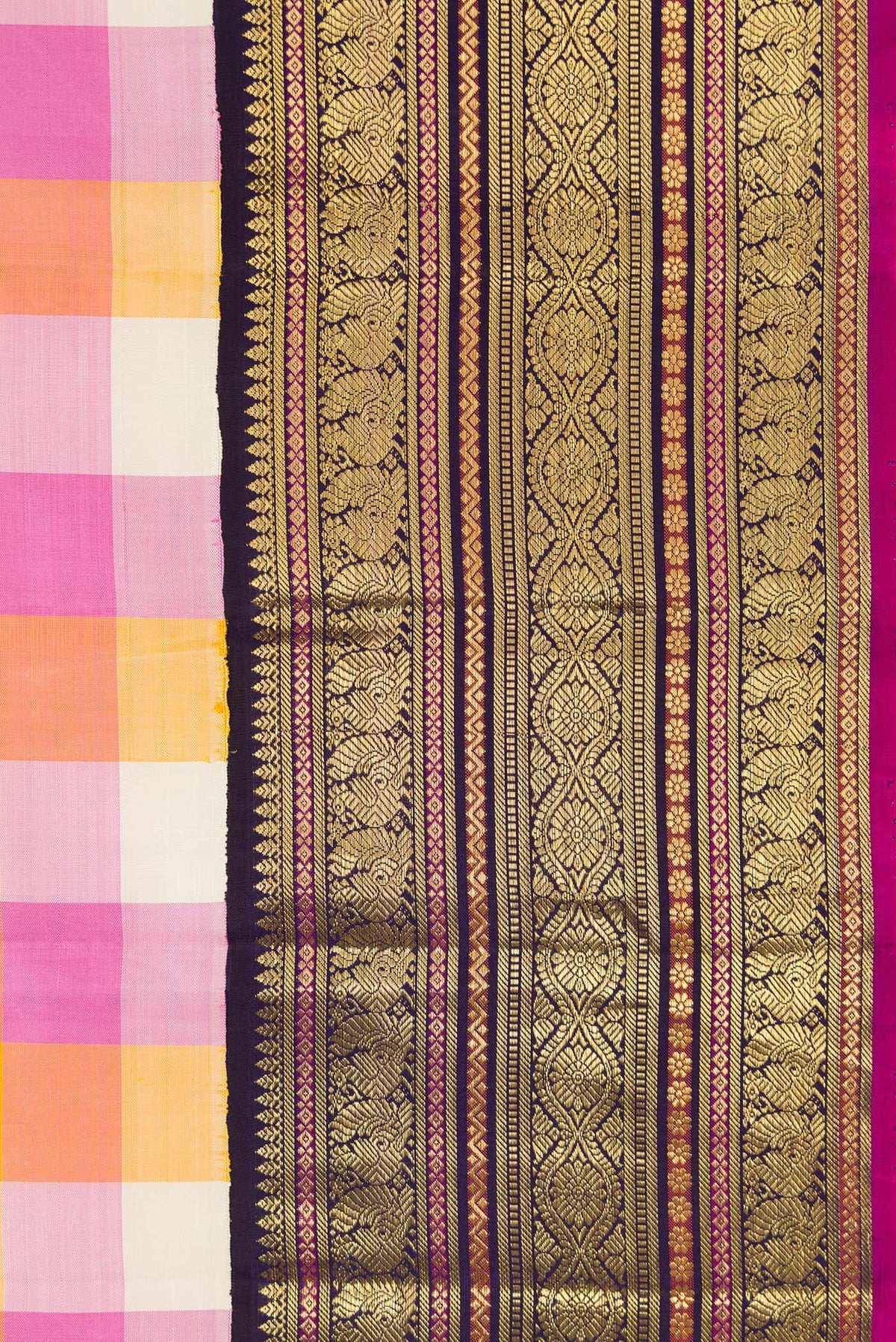 Border image of Pure Silk Pure Zari Mustard, Pink and Off White Color Kanjivaram Saree with Checked design on the body and Zari Border. 
