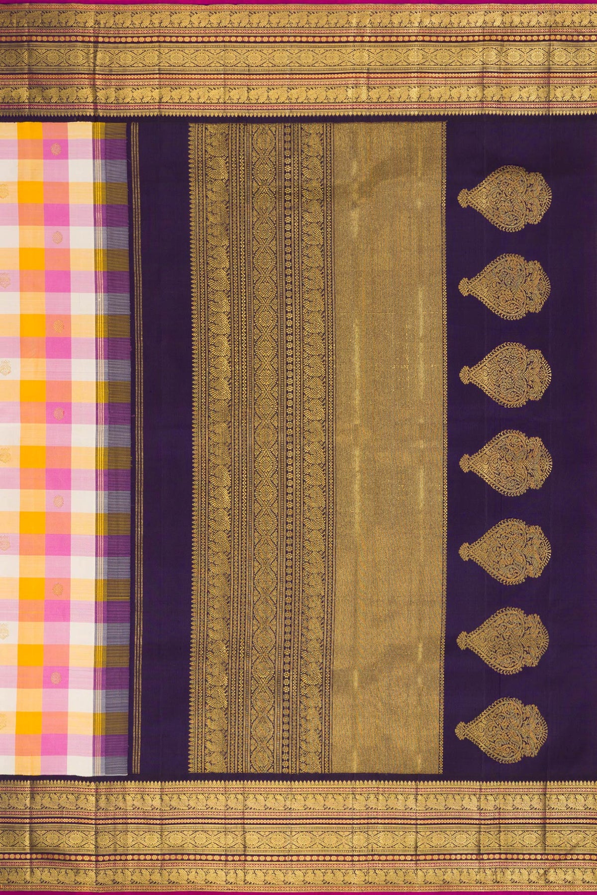 Close up image of the pallu of Pure Silk Pure Zari Mustard, Pink and Off White Color Kanjivaram Saree with Checked design on the body and Zari Border. 