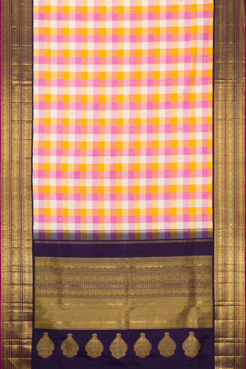 Flat view of Pure Silk Pure Zari Mustard, Pink and Off White Color Kanjivaram Saree with Checked design on the body and Zari Border. 