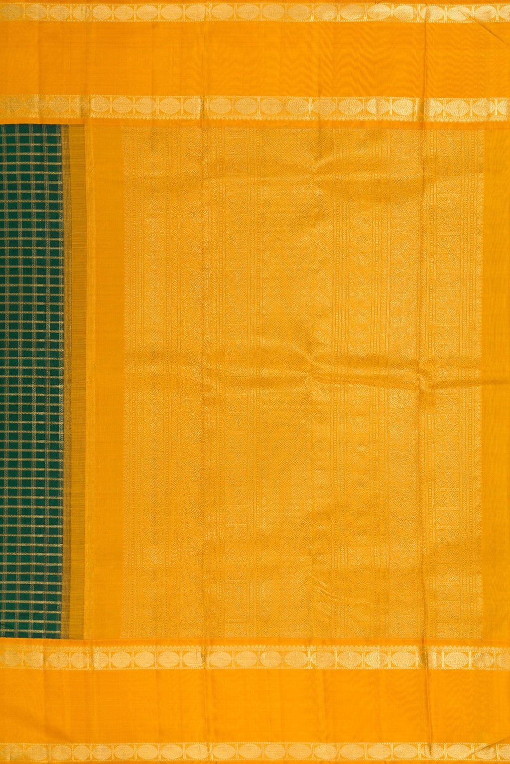 Close up image of the pallu of Pure Silk Pure Zari Bottle Green Dual Tone Kanjivaram Saree with Zari Brocade on the body and Zari Border. 