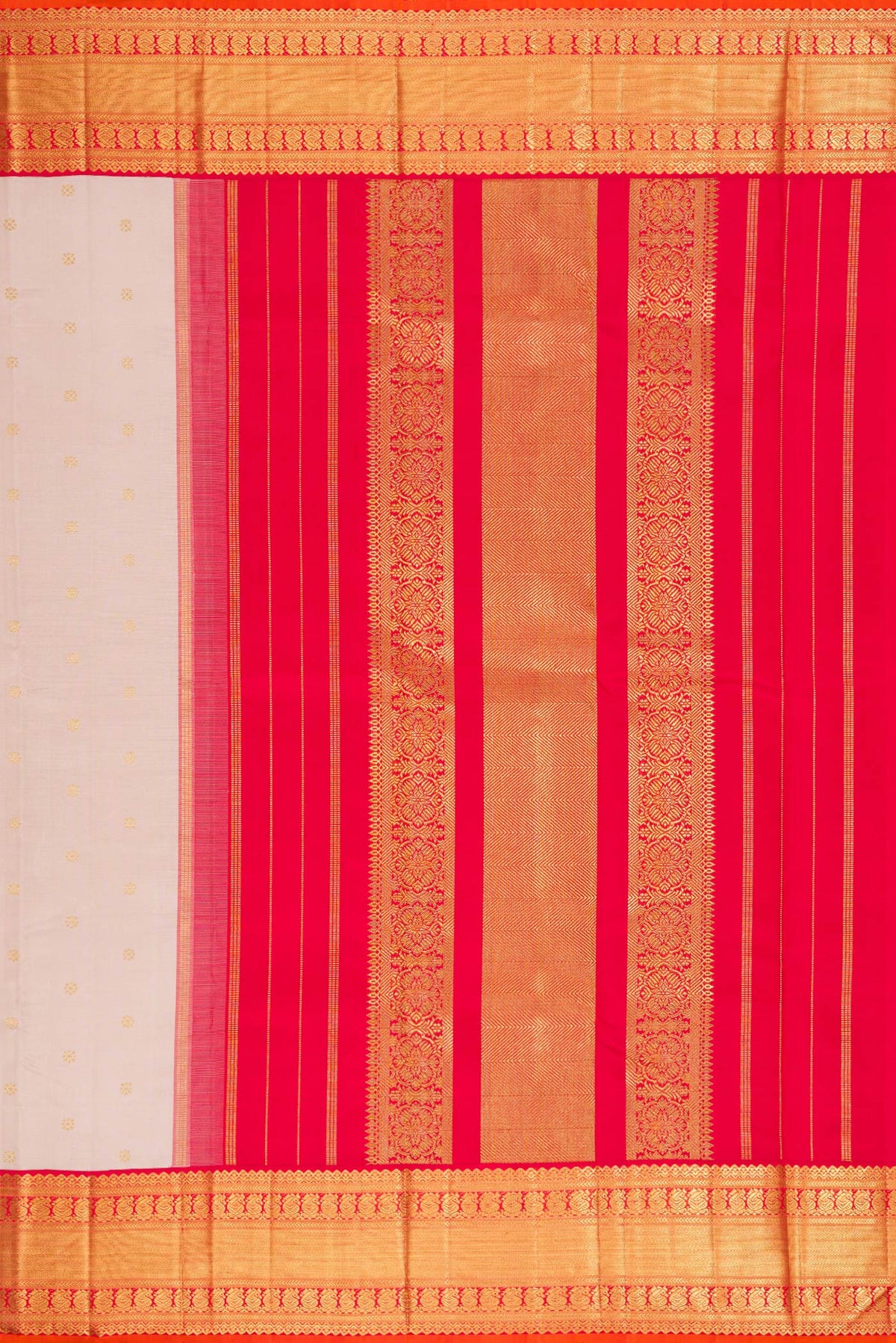 Close up image of the pallu of Pure Silk Pure Zari Rose Gold Dual Tone Kanjivaram Saree with Zari Butta on the body and Zari Border. 
