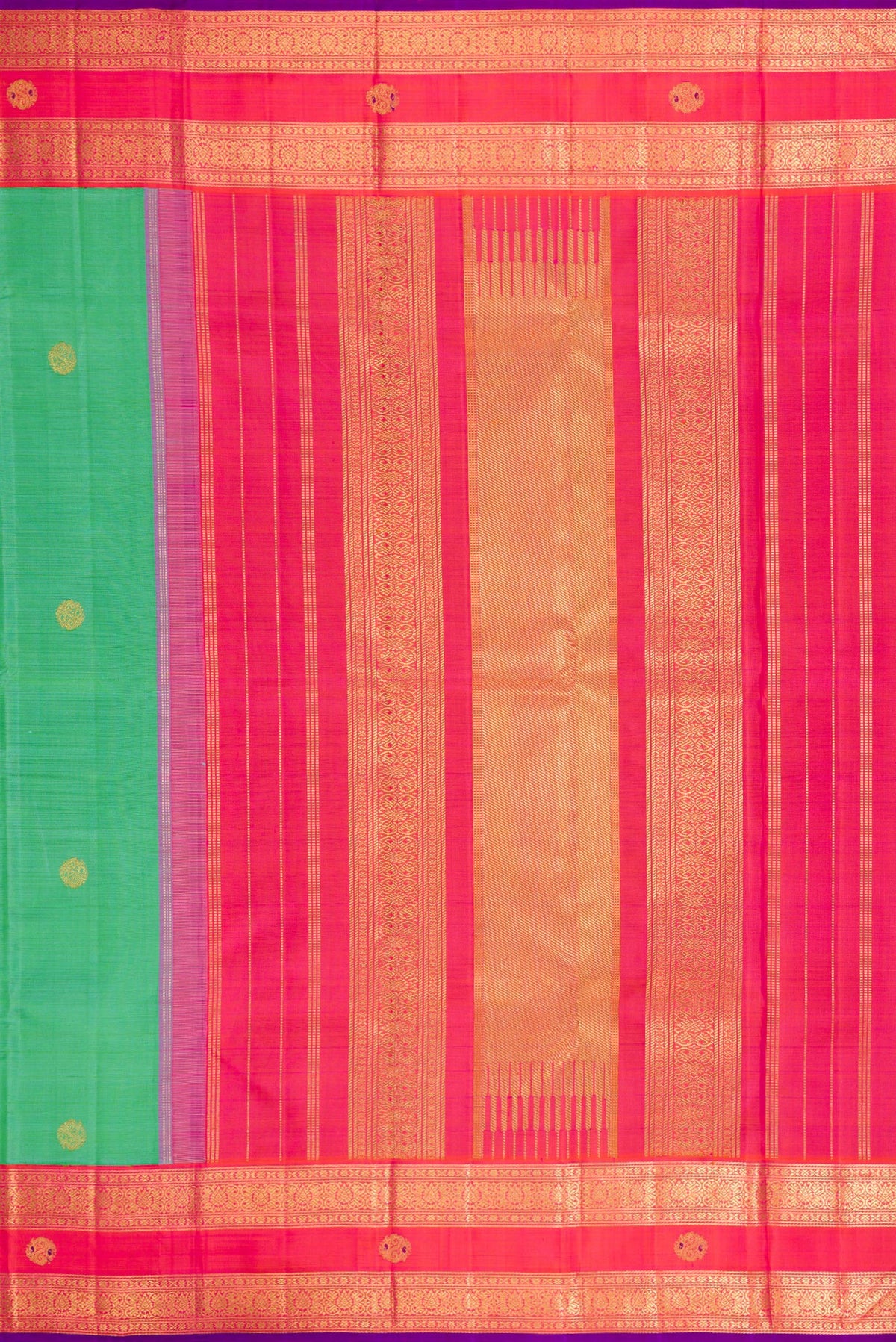Close up image of the pallu of Pure Silk Pure Zari Sea Green Dual Tone Kanjivaram Saree with Zari Butta on the body and Fancy Border. 