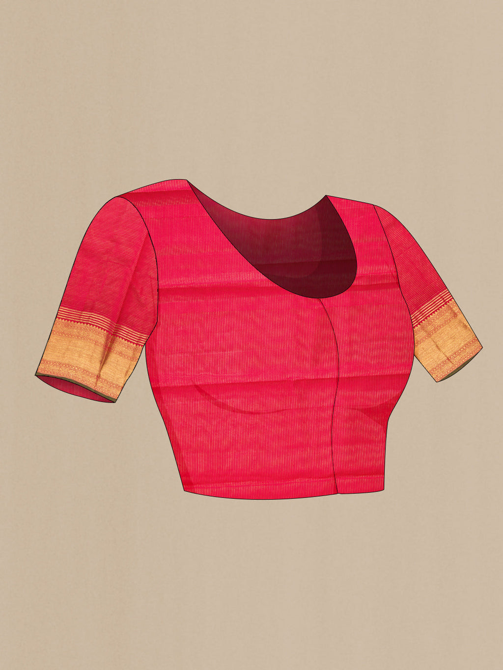 Close up image of the blouse of Pure Silk Pure Zari Red Dual Tone Kanjivaram Saree with Stripes on the body and Zari Border. 