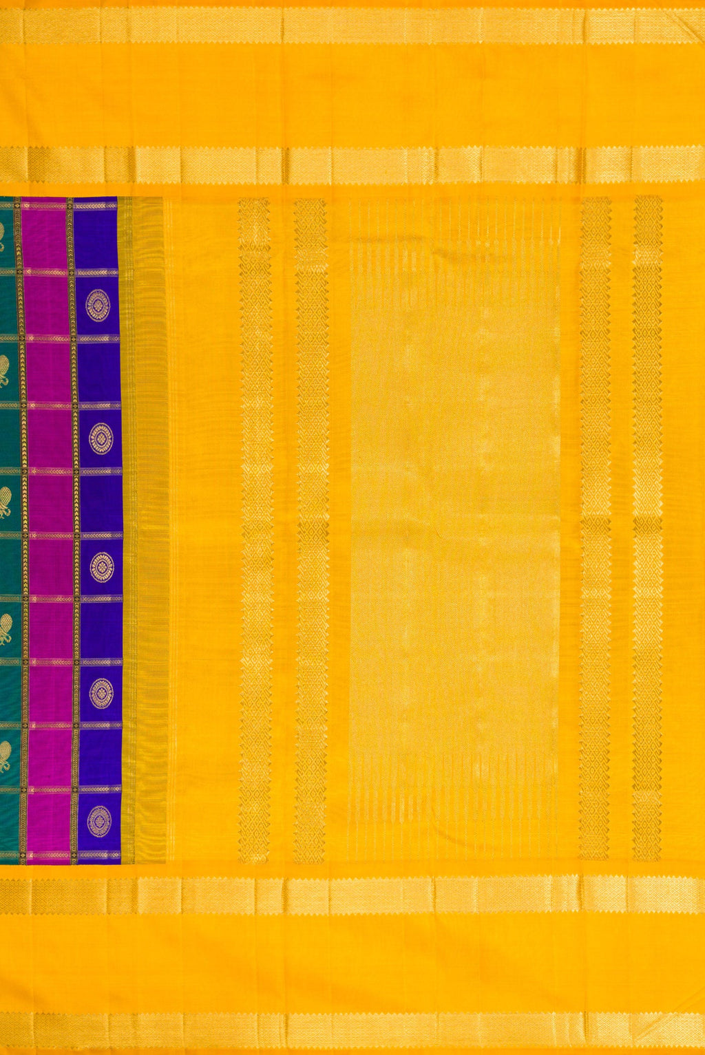 Close up image of the pallu of Pure Silk Pure Zari Green, Royal Blue and Maroon Color Kanjivaram Saree with Checked design on the body and Zari Border. 