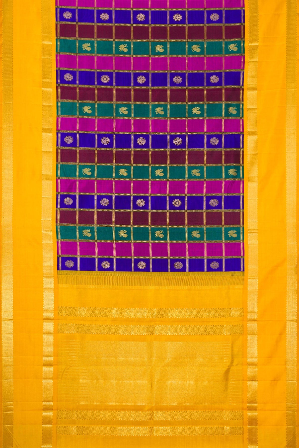 Flat view of Pure Silk Pure Zari Green, Royal Blue and Maroon Color Kanjivaram Saree with Checked design on the body and Zari Border. 