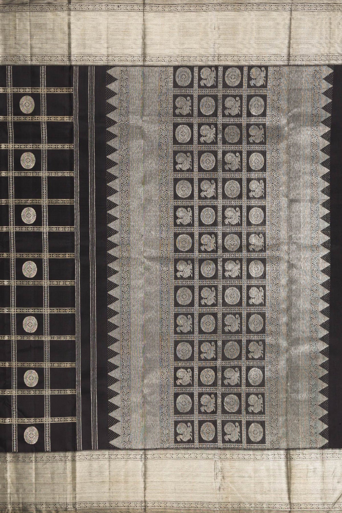 Close up image of the pallu of Beige and Off White Dual Tone Kanchipuram Silk Saree with Checked design on the body and Zari Border. 
