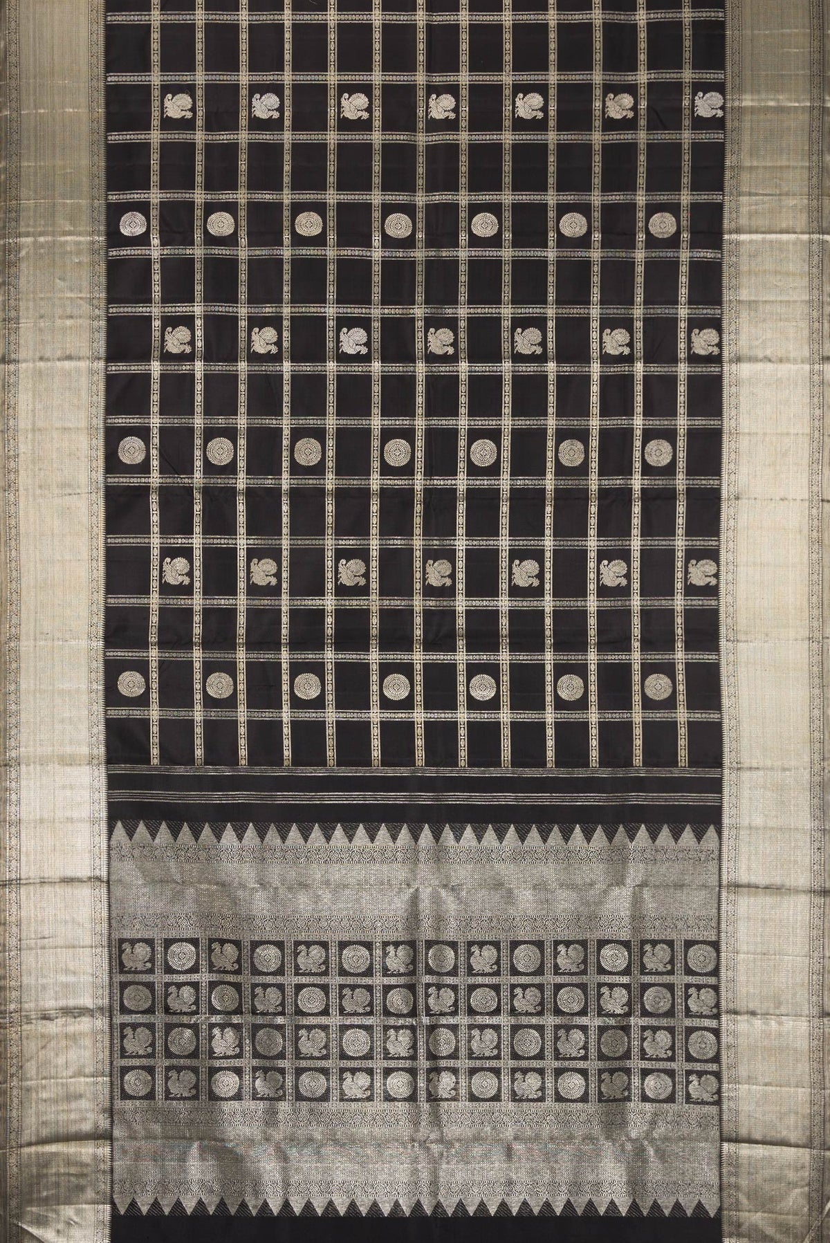 Flat view of Beige and Off White Dual Tone Kanchipuram Silk Saree with Checked design on the body and Zari Border. 