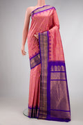 Rose Gold Dual Tone Gadwal Silk Saree with Checked design on the body and Zari Border.  displayed on a mannequin