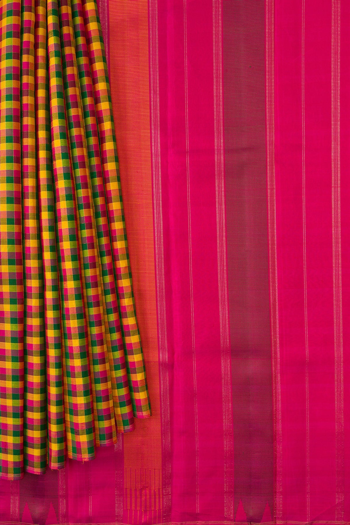 Pleats and pallu of Pure Silk Pure Zari Yellow, Pink and Green Color Kanjivaram Saree with Checked design on the body and Without Border. 