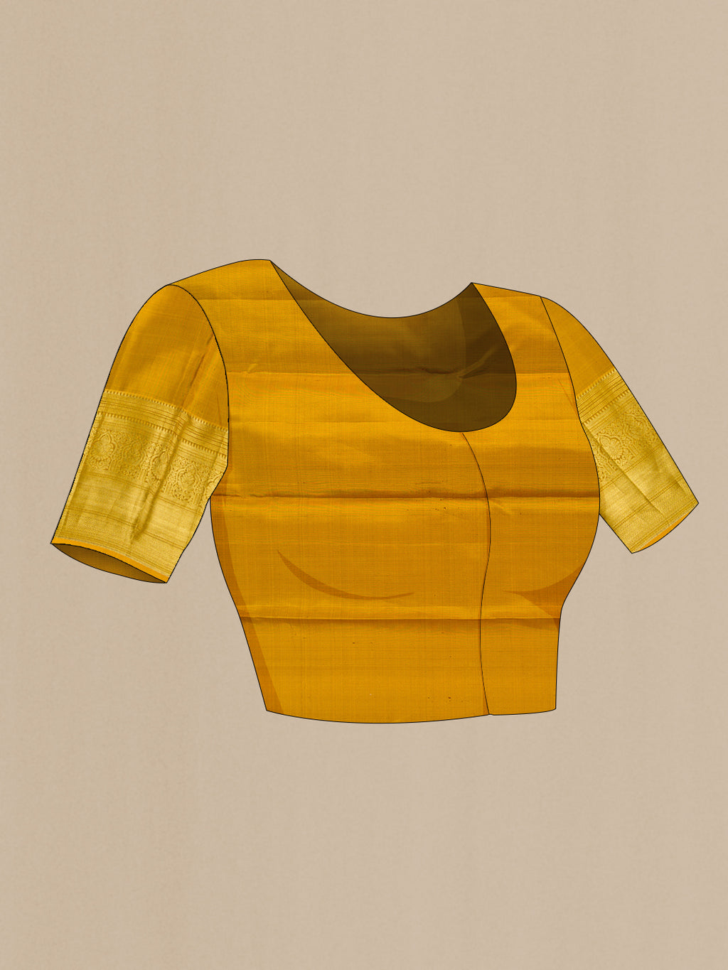 Close up image of the blouse of Mustard Kanchipuram Silk Saree with Zari Brocade on the body and Zari Border. 