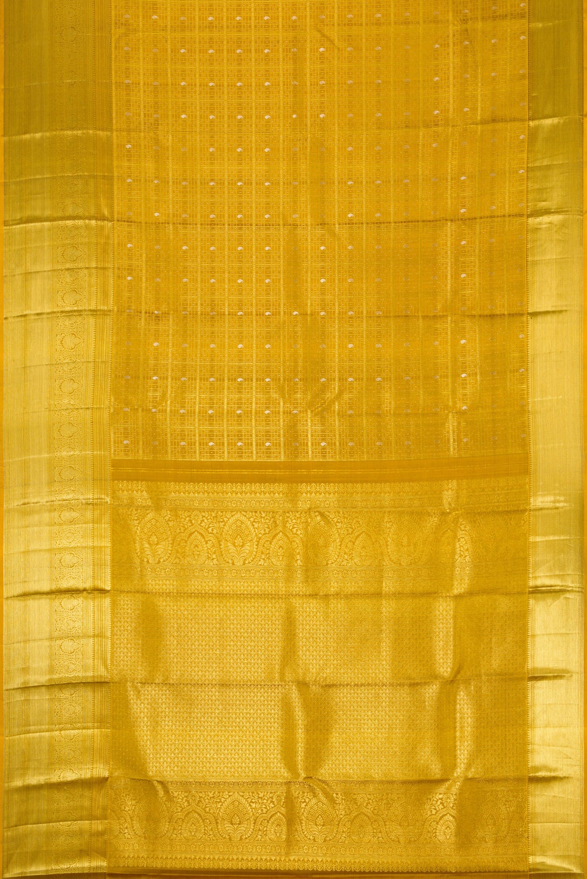 Flat view of Mustard Kanchipuram Silk Saree with Zari Brocade on the body and Zari Border. 