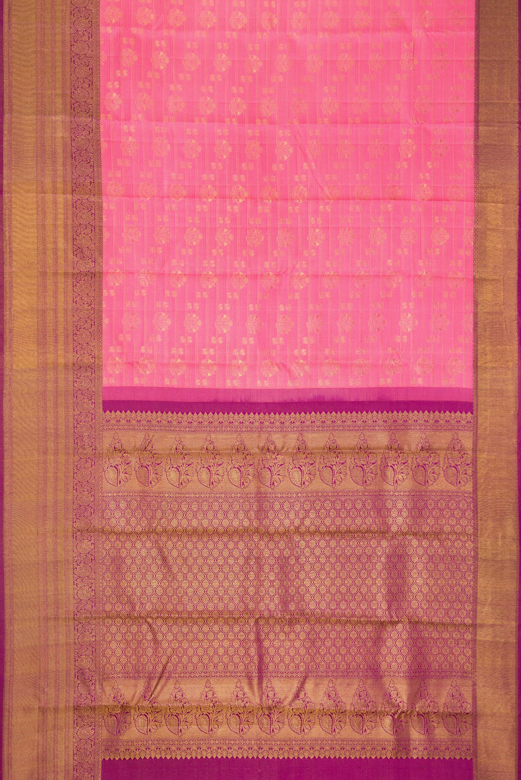 Flat view of Pink Dual Tone Kanchipuram Silk Saree with Zari Brocade on the body and Zari Border. 