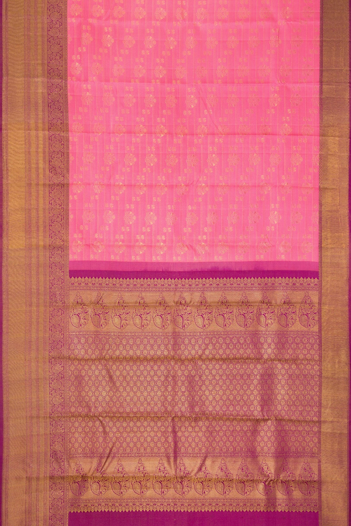 Flat view of Pink Dual Tone Kanchipuram Silk Saree with Zari Brocade on the body and Zari Border. 