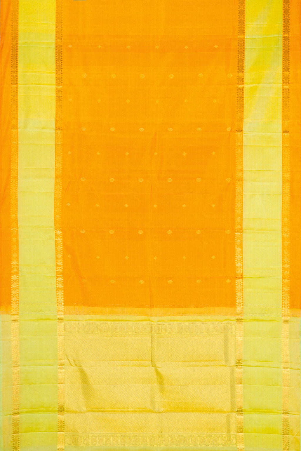 Flat view of Pure Silk Pure Zari Yellow Dual Tone Kanjivaram Saree with Zari Butta on the body and Zari Border. 