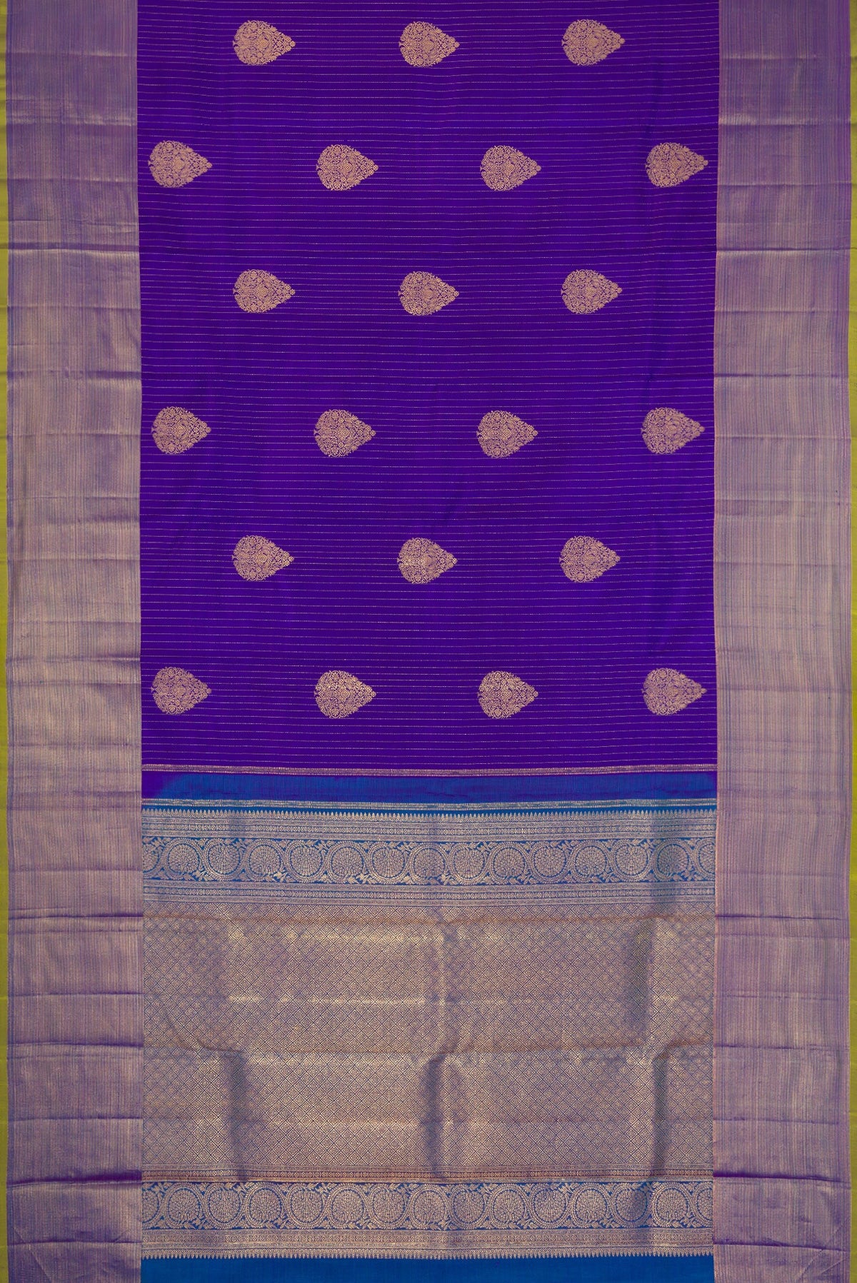 Flat view of Royal Blue Dual Tone Kanjivaram Silk Saree with Zari Butta on the body and Zari Border. 