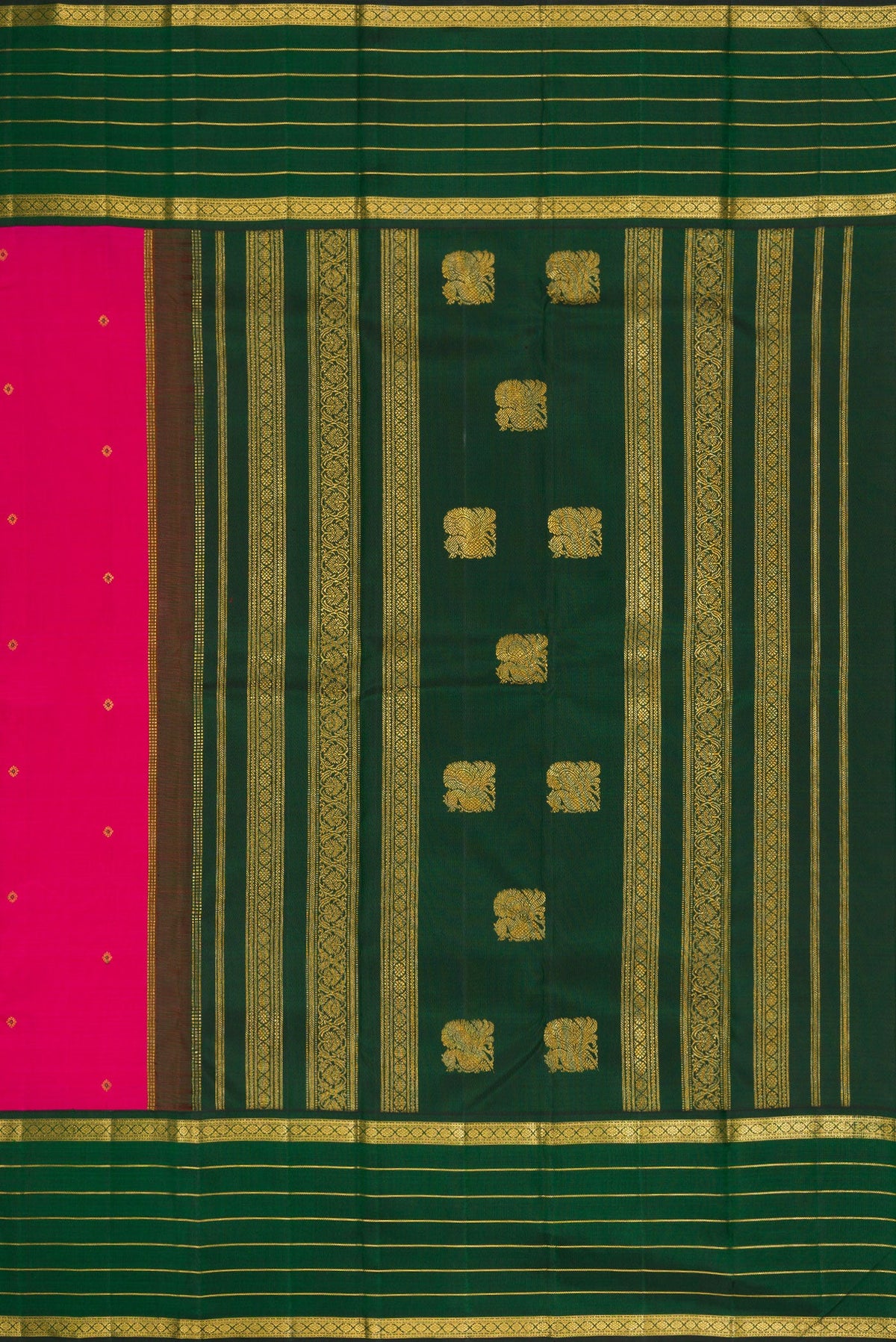 Close up image of the pallu of Dark Pink Dual Tone Kanchipuram Silk Saree with Zari Butta on the body and Zari Border. 